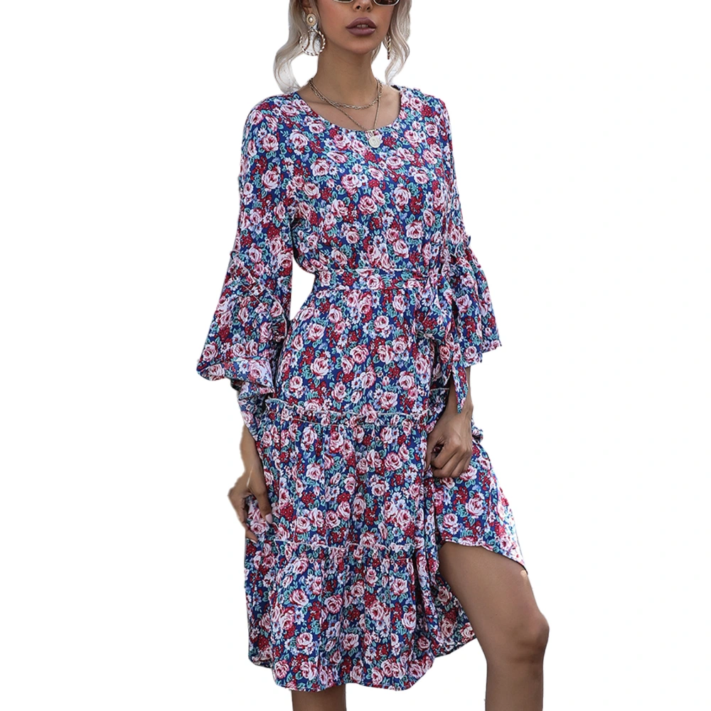 Floral Dress Round Neck Flared Long Sleeves High Tie Waist Casual Dress for Daily Work Beach Autumn Winter Royalblue S