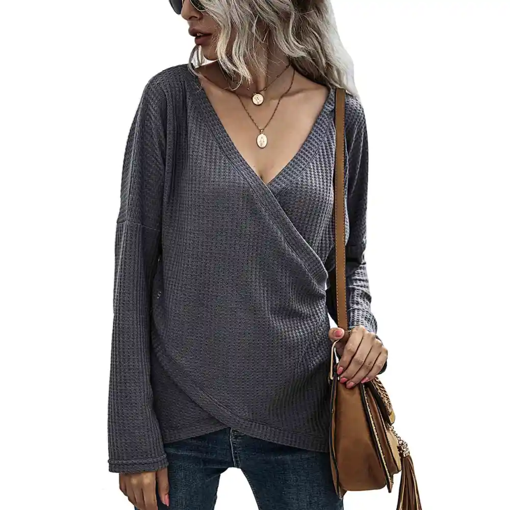 Women V Neck Shirts Crossover Front Drop Shoulder Sleeves Top Pure Color Knit Long Sleeves Pullover Dark Gray L