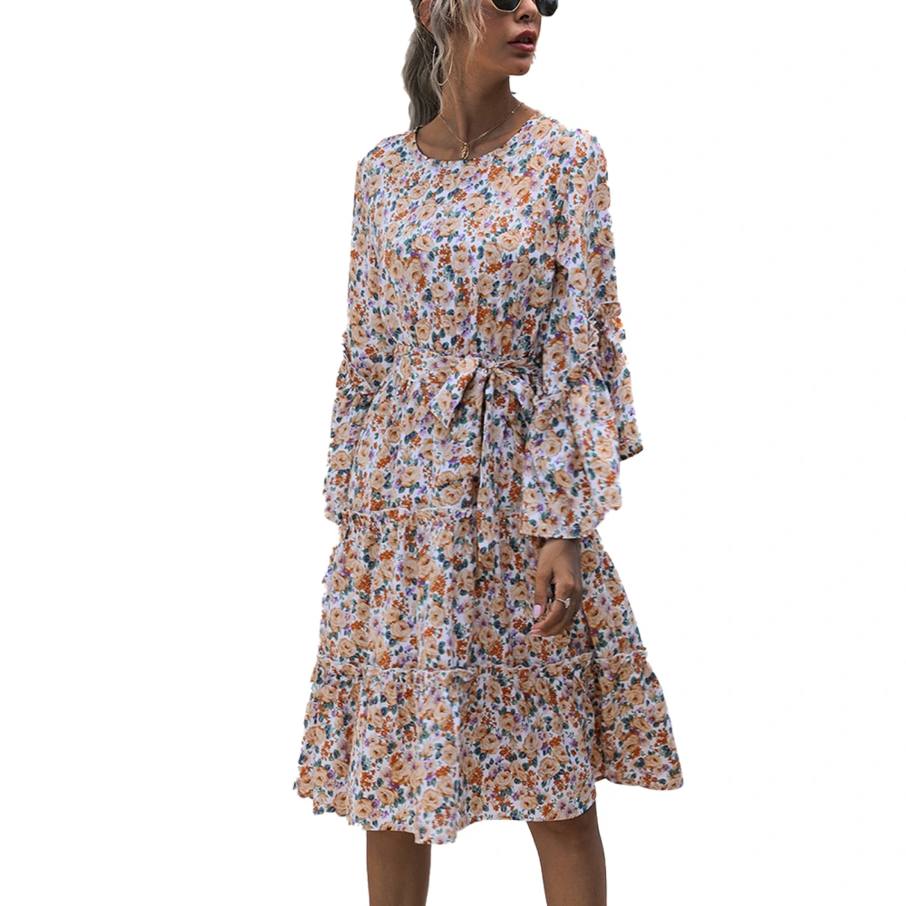 Floral Dress Round Neck Flared Long Sleeves High Tie Waist Casual Dress for Daily Work Beach Autumn Winter White M