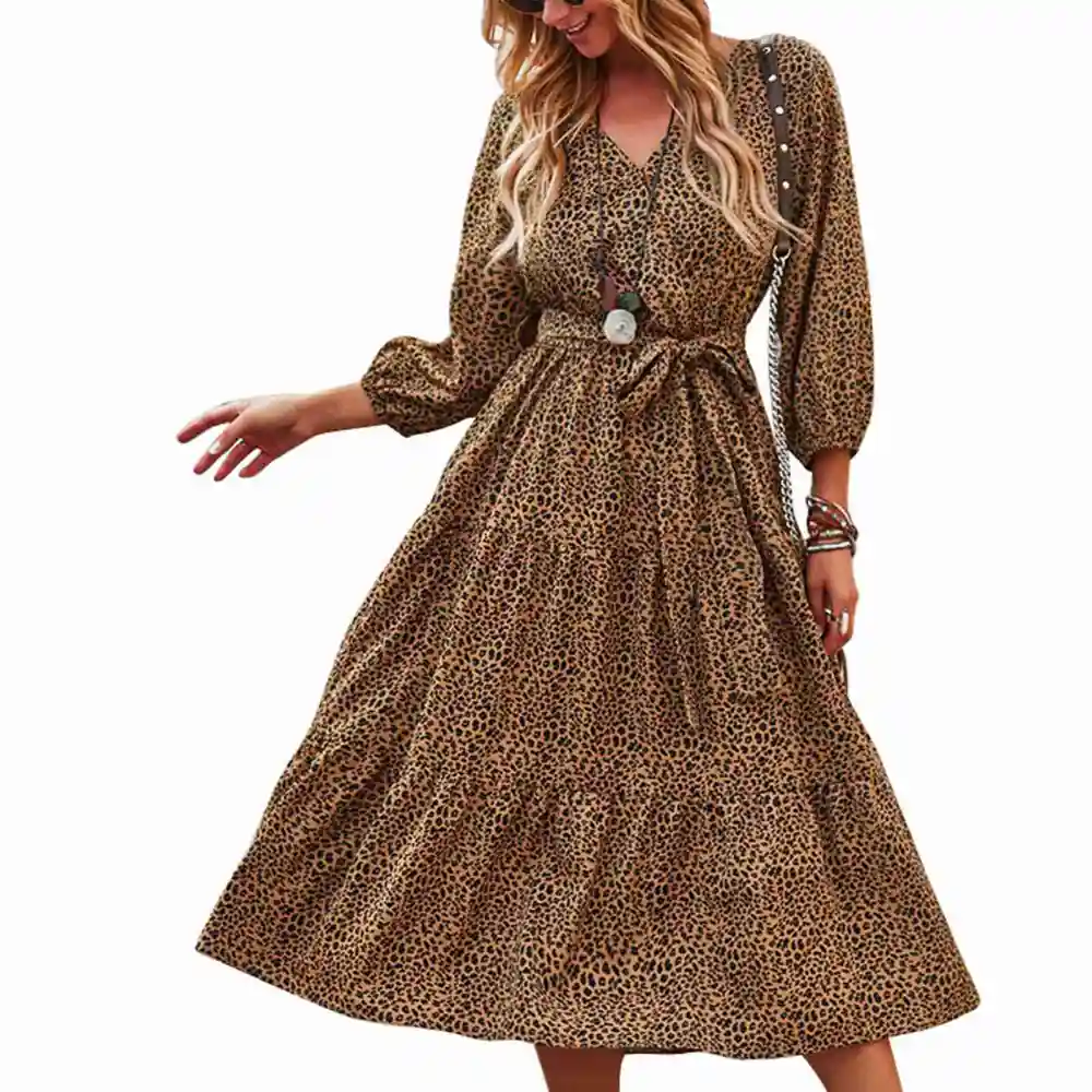 Long Sleeve Floral Dress with Waist Belt V Neck Large Hem Casual Dress for Autumn and Winter Brown M