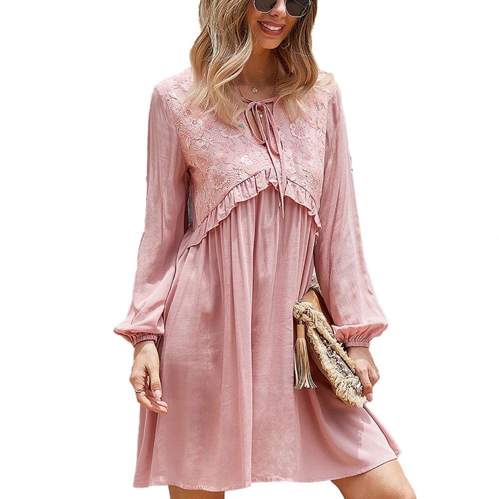 Women Dress V Neck Long Lantern Sleeve Lace Splicing High Waist Frill Trim Dress for Girls Pink M