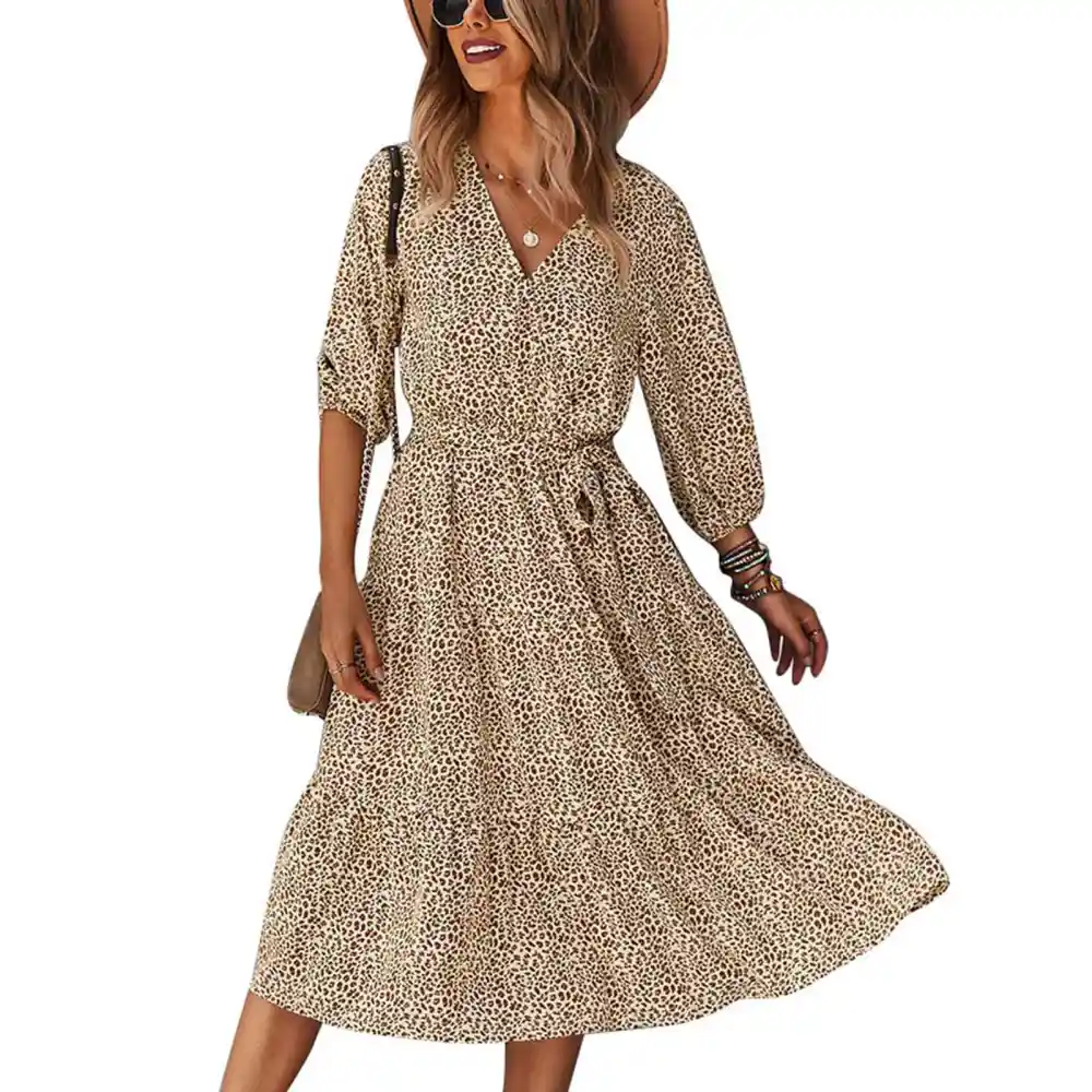 Long Sleeve Floral Dress with Waist Belt V Neck Large Hem Casual Dress for Autumn and Winter Khaki L