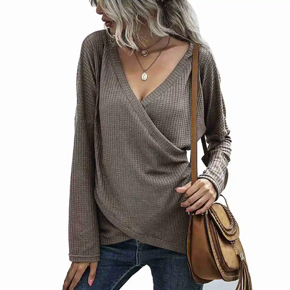 Women V Neck Shirts Crossover Front Drop Shoulder Sleeves Top Pure Color Knit Long Sleeves Pullover Khaki M