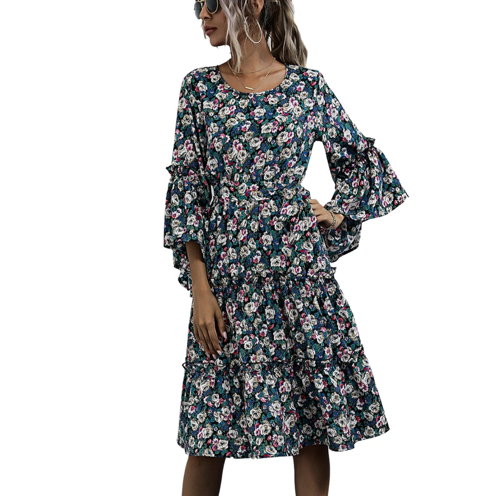 Floral Dress Round Neck Flared Long Sleeves High Tie Waist Casual Dress for Daily Work Beach Autumn Winter Black M