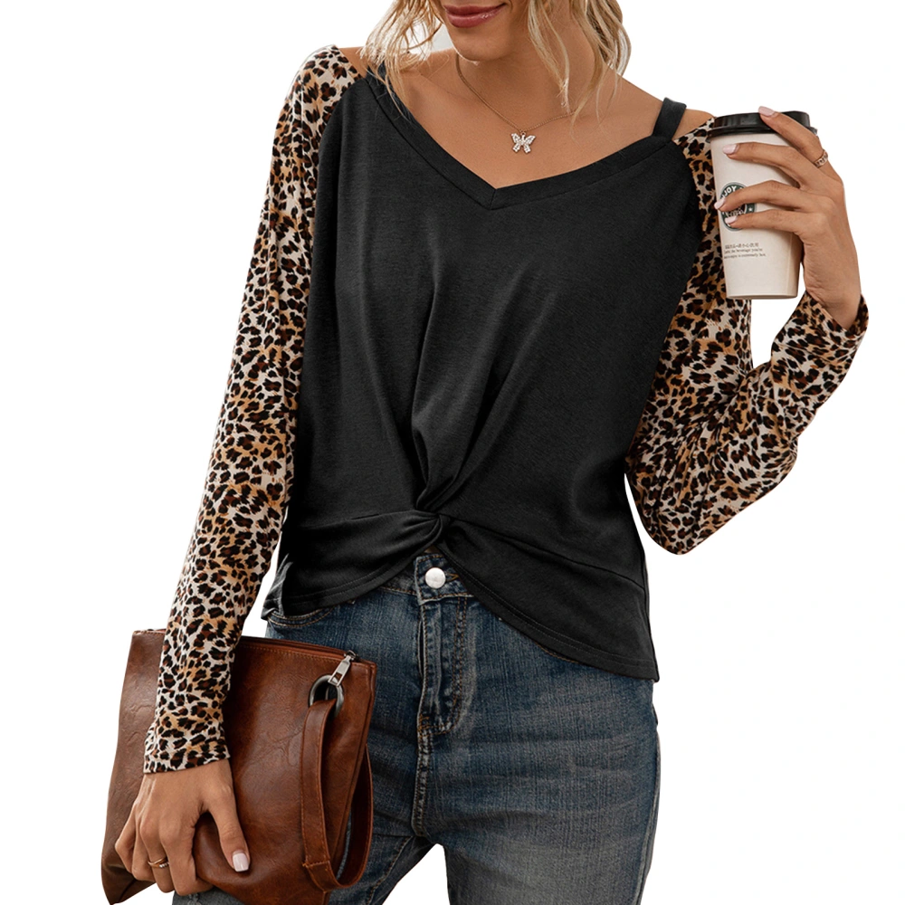 Leopard Print T Shirts V Neck Long Sleeve Cold Shoulder Twist Knot Hem Blouse for Party Shopping Black M