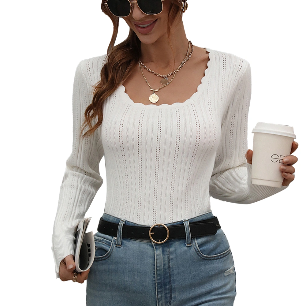 Women Knitted Sweaters Stretchy Slim Rib Knit Long Sleeve Pullover for Spring Autunm White S