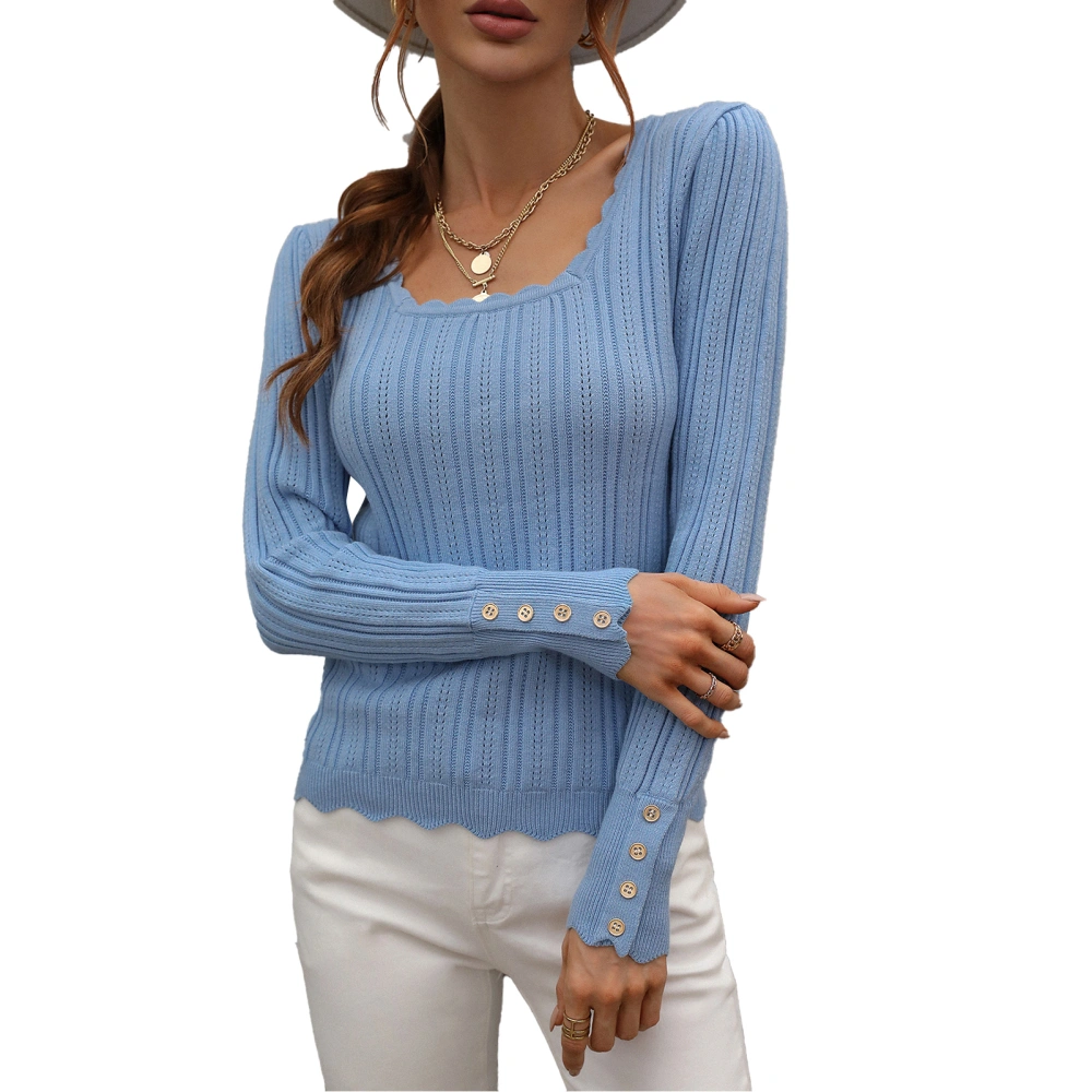 Women Knitted Sweaters Stretchy Slim Rib Knit Long Sleeve Pullover for Spring Autunm Blue S