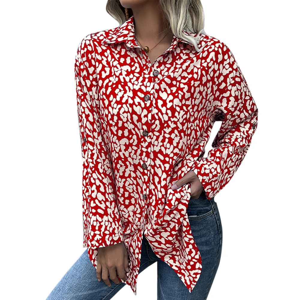 Women Blouse Polyester Leopard Print Lapel Collar Single Breasted Long Sleeve Women Shirt for Daily Work Party Red XL