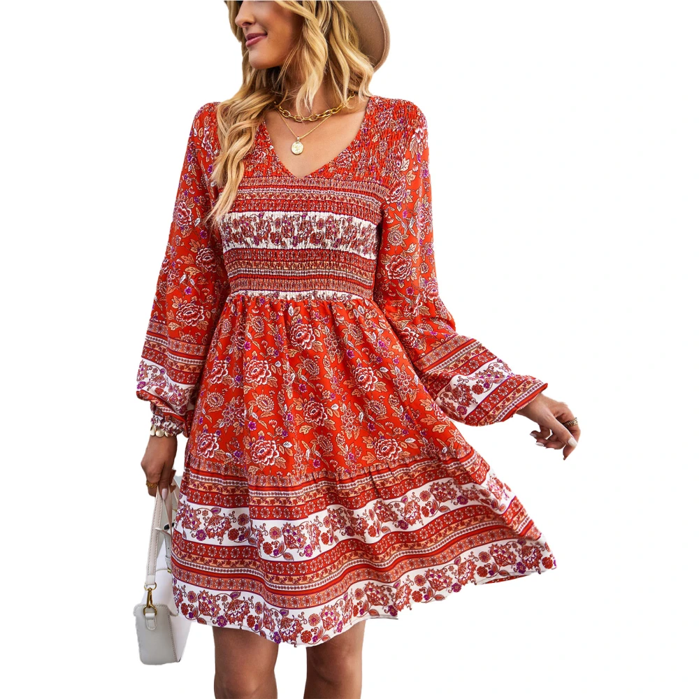 V Neck Long Puff Sleeve Dress Women Fashionable Elegant Stretch Shirred Floral Print Dress for Beach Party Red S