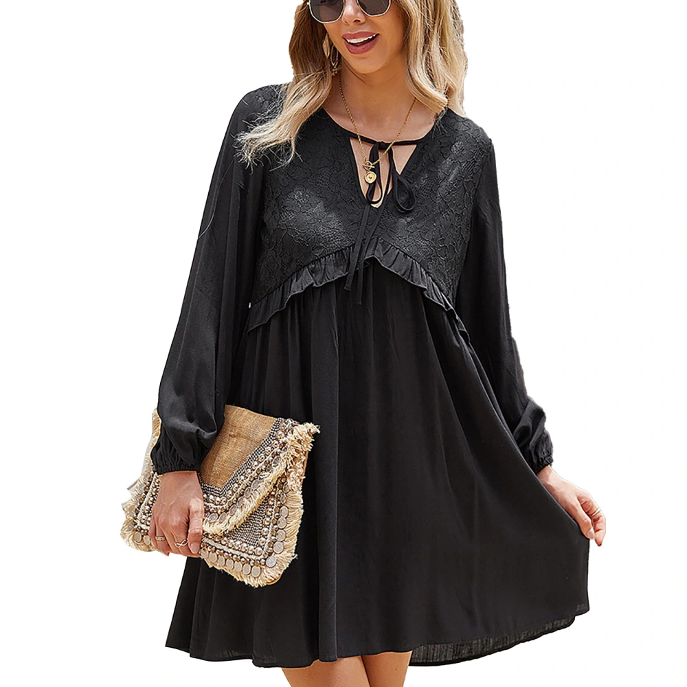 Women Dress V Neck Long Lantern Sleeve Lace Splicing High Waist Frill Trim Dress for Girls Black L