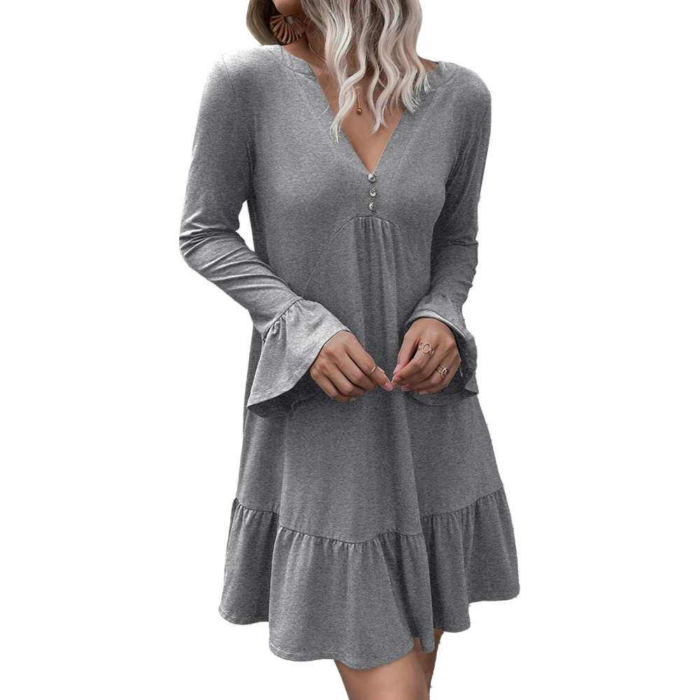 Women V Neck Dress Ruffle Pure Color Dress Stylish Button Front Long Sleeves Dress Grey XL