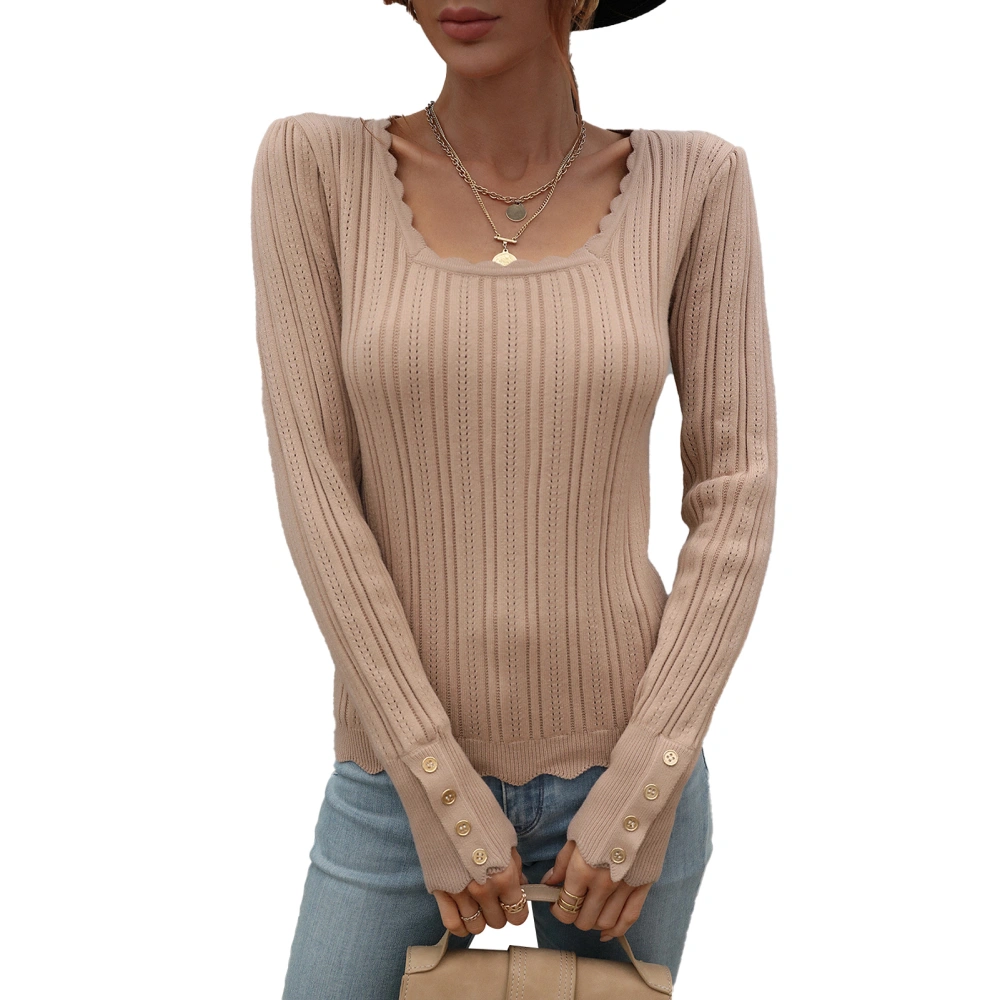 Women Knitted Sweaters Stretchy Slim Rib Knit Long Sleeve Pullover for Spring Autunm Apricot Color XL