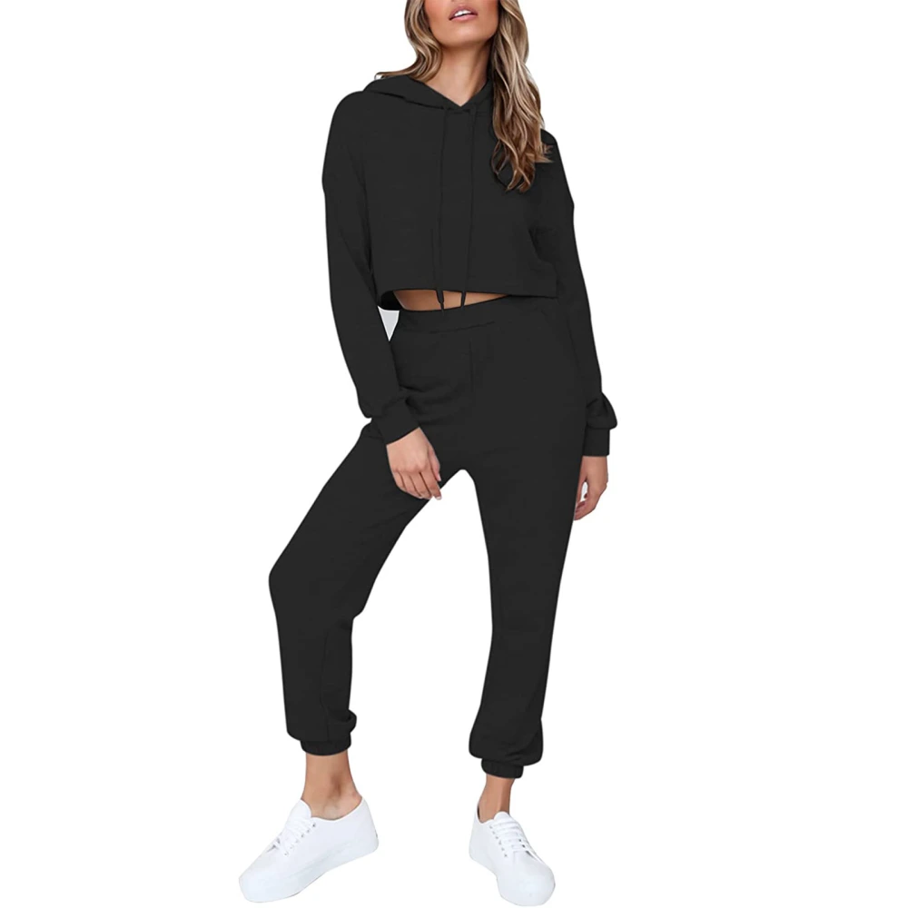 Sweatsuit Hooded Drawstring Long Sleeve Short Top Casual Pants Lounge Tracksuit for Women Black XXL