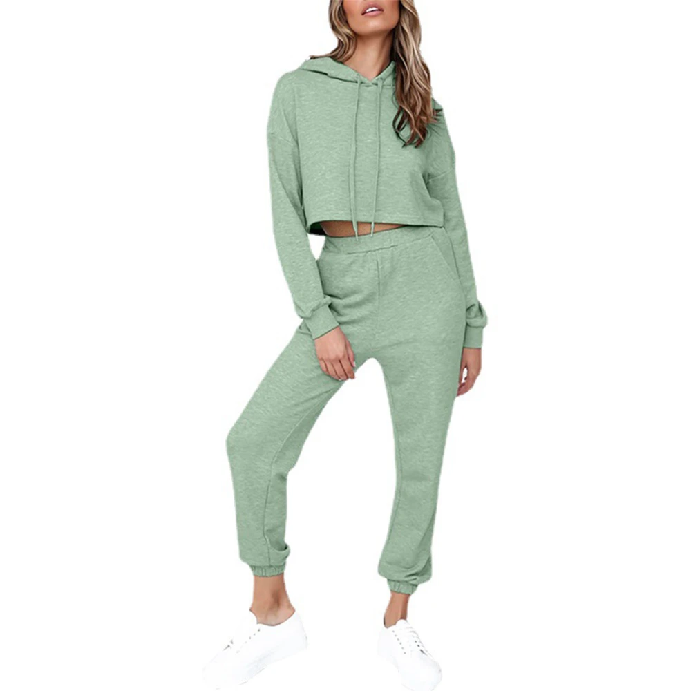 Sweatsuit Hooded Drawstring Long Sleeve Short Top Casual Pants Lounge Tracksuit for Women Pea Green L