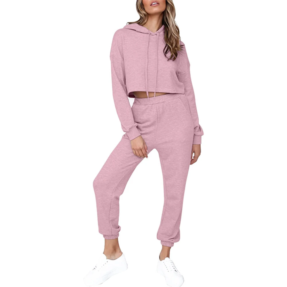 Sweatsuit Hooded Drawstring Long Sleeve Short Top Casual Pants Lounge Tracksuit for Women Pink M