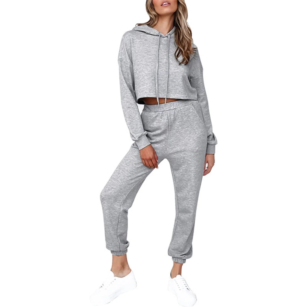 Sweatsuit Hooded Drawstring Long Sleeve Short Top Casual Pants Lounge Tracksuit for Women Grey M