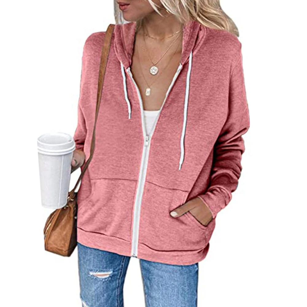 Women Casual Hoodies Long Sleeve Zip Drawstring Pocket Loose Fit Sweatshirt for Outdoor Pink XXL