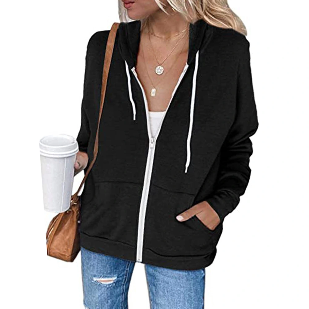 Women Casual Hoodies Long Sleeve Zip Drawstring Pocket Loose Fit Sweatshirt for Outdoor Black M