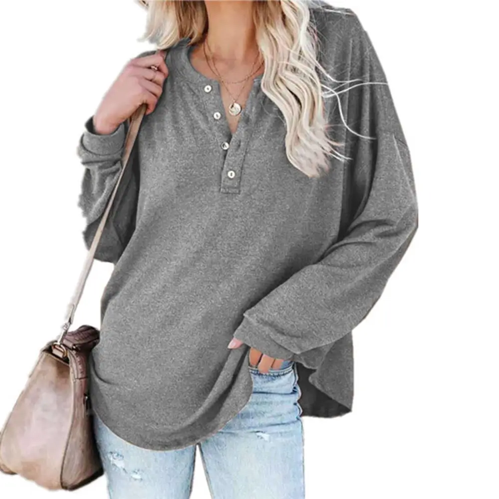 Blouse Long Sleeve Round Neck Button Pullover Pure Color Comfortable Casual Tops for Women Grey L