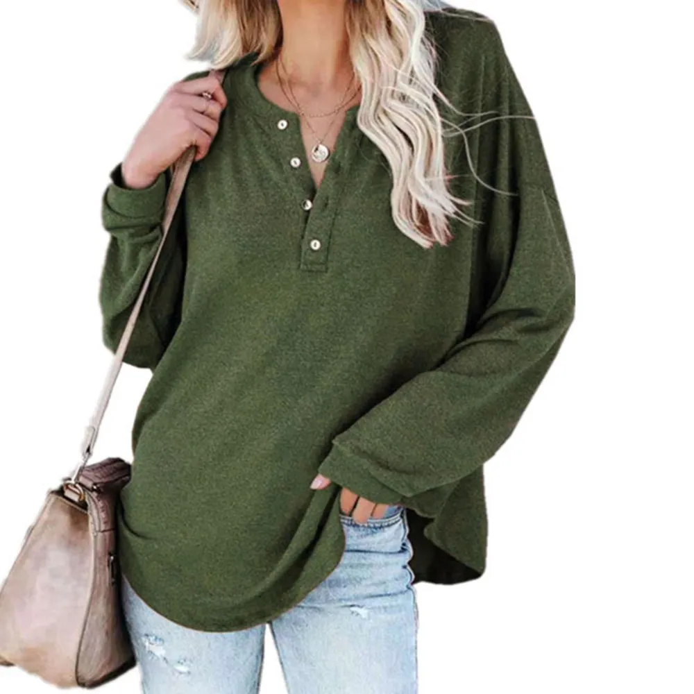 Blouse Long Sleeve Round Neck Button Pullover Pure Color Comfortable Casual Tops for Women OD Green L