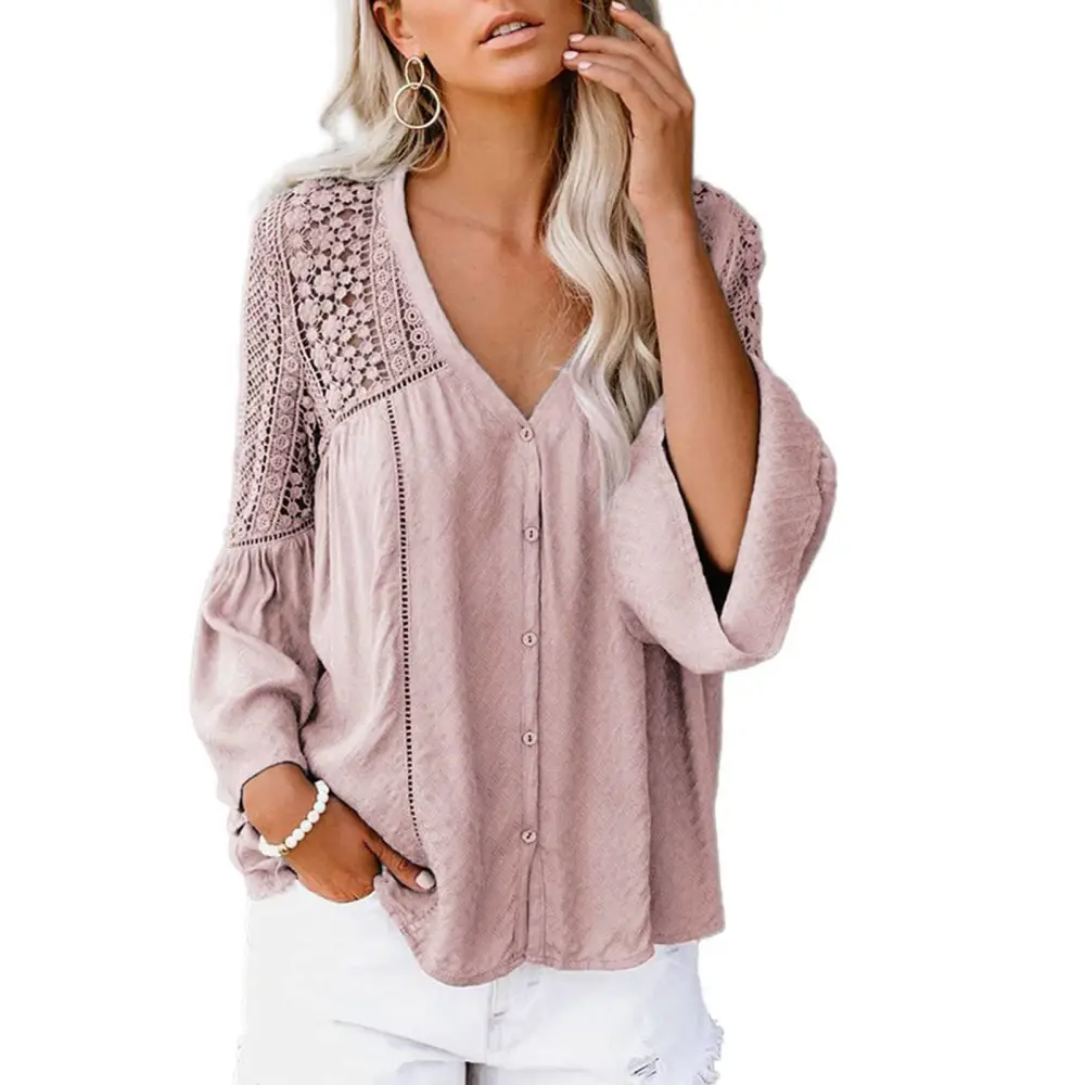 Women Casual Crochet Shirt V Neck Long Bell Sleeves Top Skin Friendly Breathable Casual Loose Blouse for Daily Wear Pink M