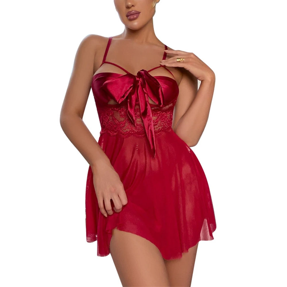 Lace Nightdress Sleeveless Strap Perspective Large Bow Tie Breathable Dress for Women Date Red XL