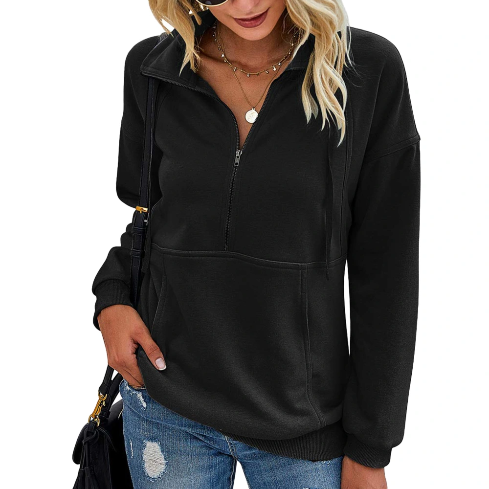 Hoodie Long Sleeve Pocket Zipper Lapel Pullover Pure Color Comfortable Tops for Women Black L