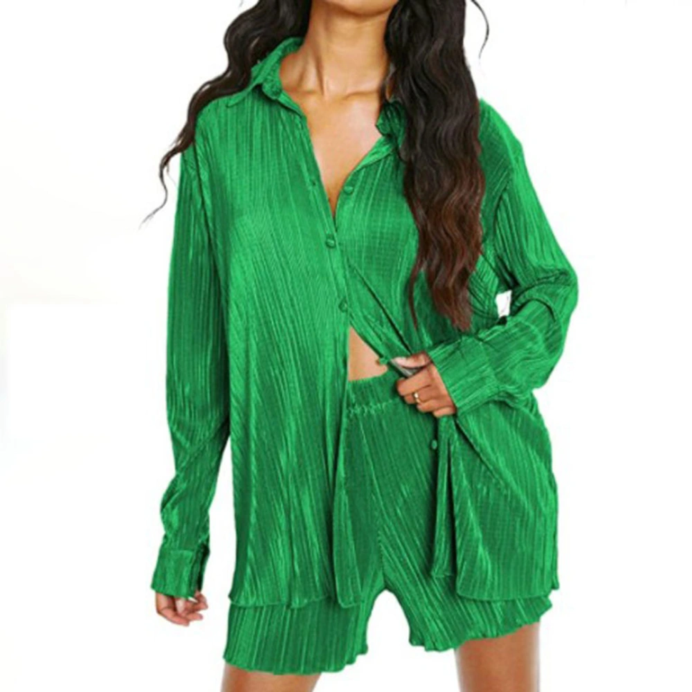 Pleated Ladies Set V Neck Long Sleeve Pure Color Wide Leg Pants 2 Piece Women Clothing Green L