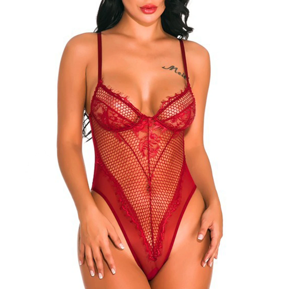 Women One Piece Bodysuit Lace Mesh Stitching Deep V Neck Spaghetti Strap Bodysuit Wine Red L