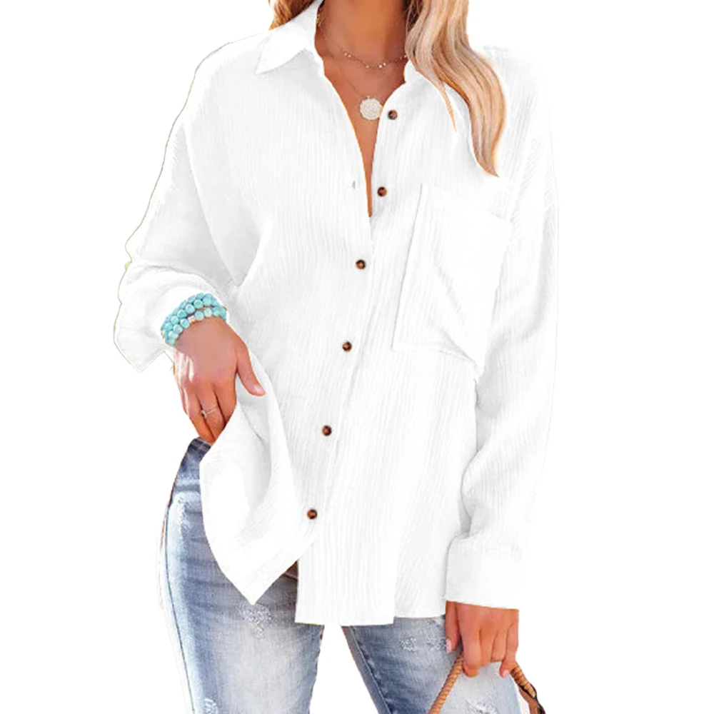 Women V Neck Collar Button Down Shirts Long Batwing Sleeve Blouses Oversized Casual Tops with Pocket White XL