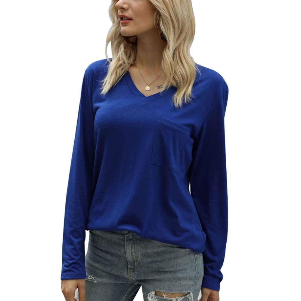 Woman V Neck Summer T Shirt Flowy Loose Long Sleeve Side Pocket Casual Tunic Solid Color Blouse Blue S