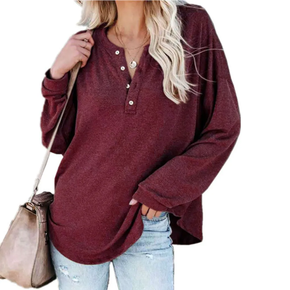 Blouse Long Sleeve Round Neck Button Pullover Pure Color Comfortable Casual Tops for Women Wine Red M