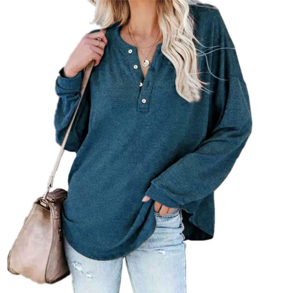 Blouse Long Sleeve Round Neck Button Pullover Pure Color Comfortable Casual Tops for Women Peacock Blue M