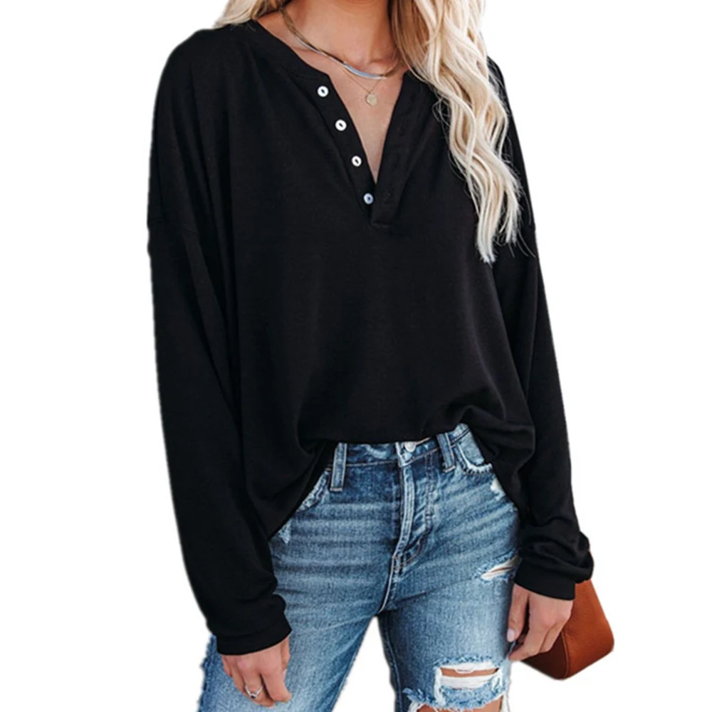 Blouse Long Sleeve Round Neck Button Pullover Pure Color Comfortable Casual Tops for Women Black L