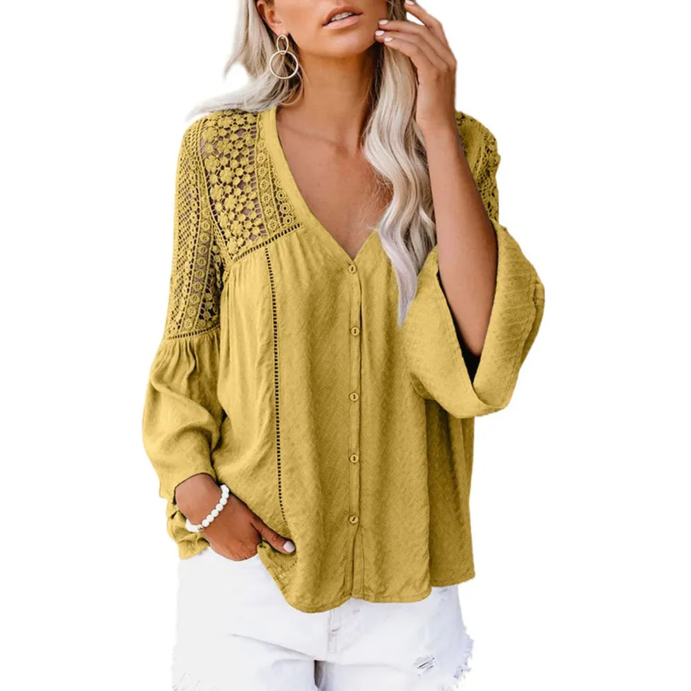 Women Casual Crochet Shirt V Neck Long Bell Sleeves Top Skin Friendly Breathable Casual Loose Blouse for Daily Wear Yellow L