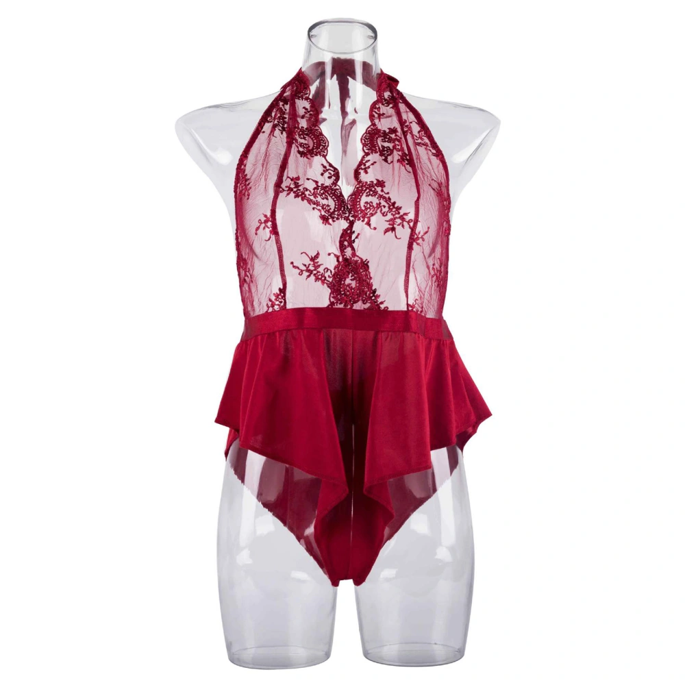 Women Mesh One Piece Lingerie Elegant Lace V Neck Halterneck Backless High Waist Ruffle Hem Bodysuit Burgundy L