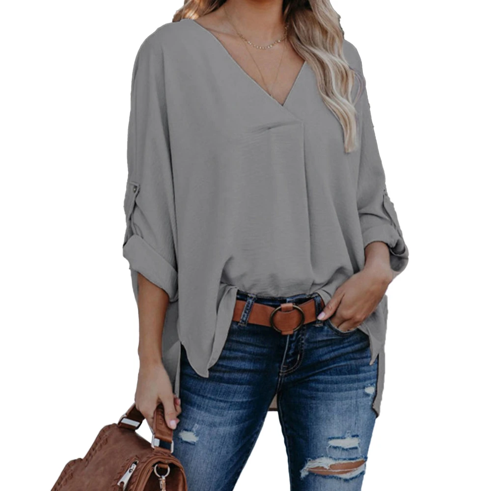 Women Long Sleeve Blouse V Neck Irregular Hem Split Design Loose Fit Solid Color Causal Top Grey L