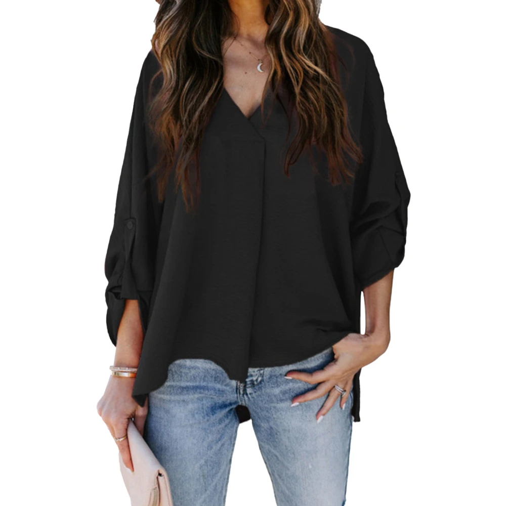 Women Long Sleeve Blouse V Neck Irregular Hem Split Design Loose Fit Solid Color Causal Top Black XL