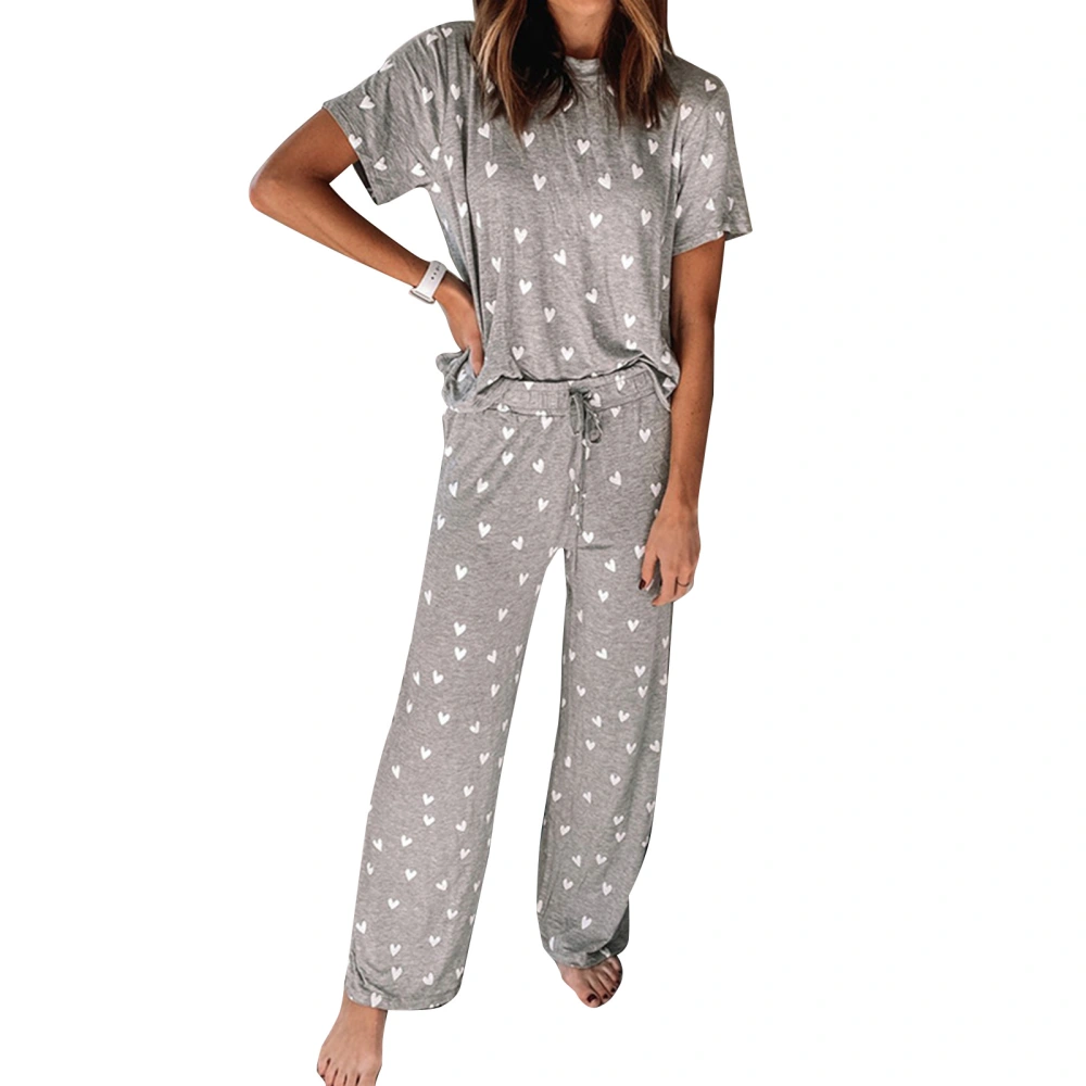 Womens Pajamas Set Crewneck Short Sleeves Printed Pattern Elastic Waistband Sleepwear Pajamas Grey L