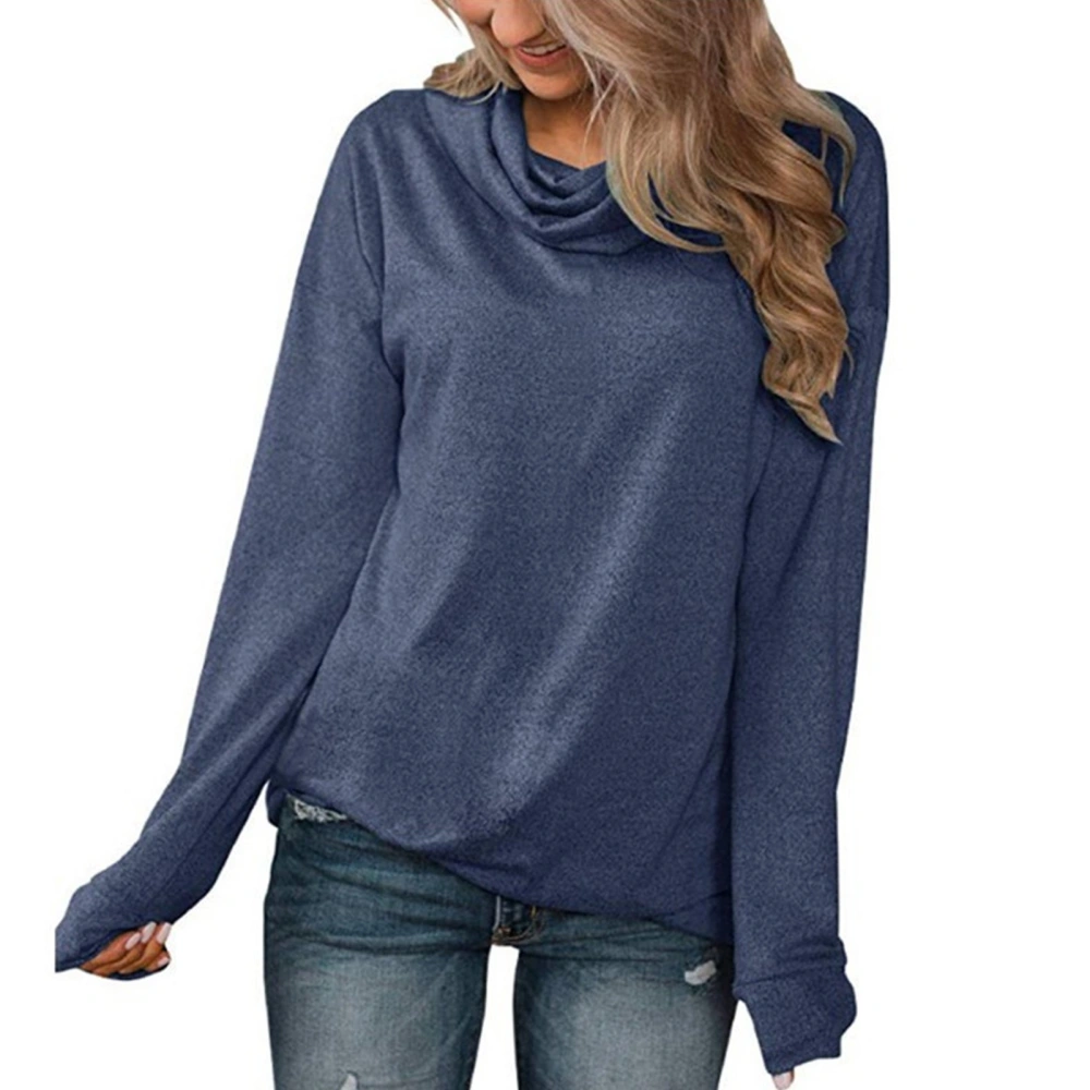 Women Pullover Shirt Cowl Neck Long Sleeve Drop Shoulder Loose Warm Sweatshirt for Winter Autumn Dark Blue M