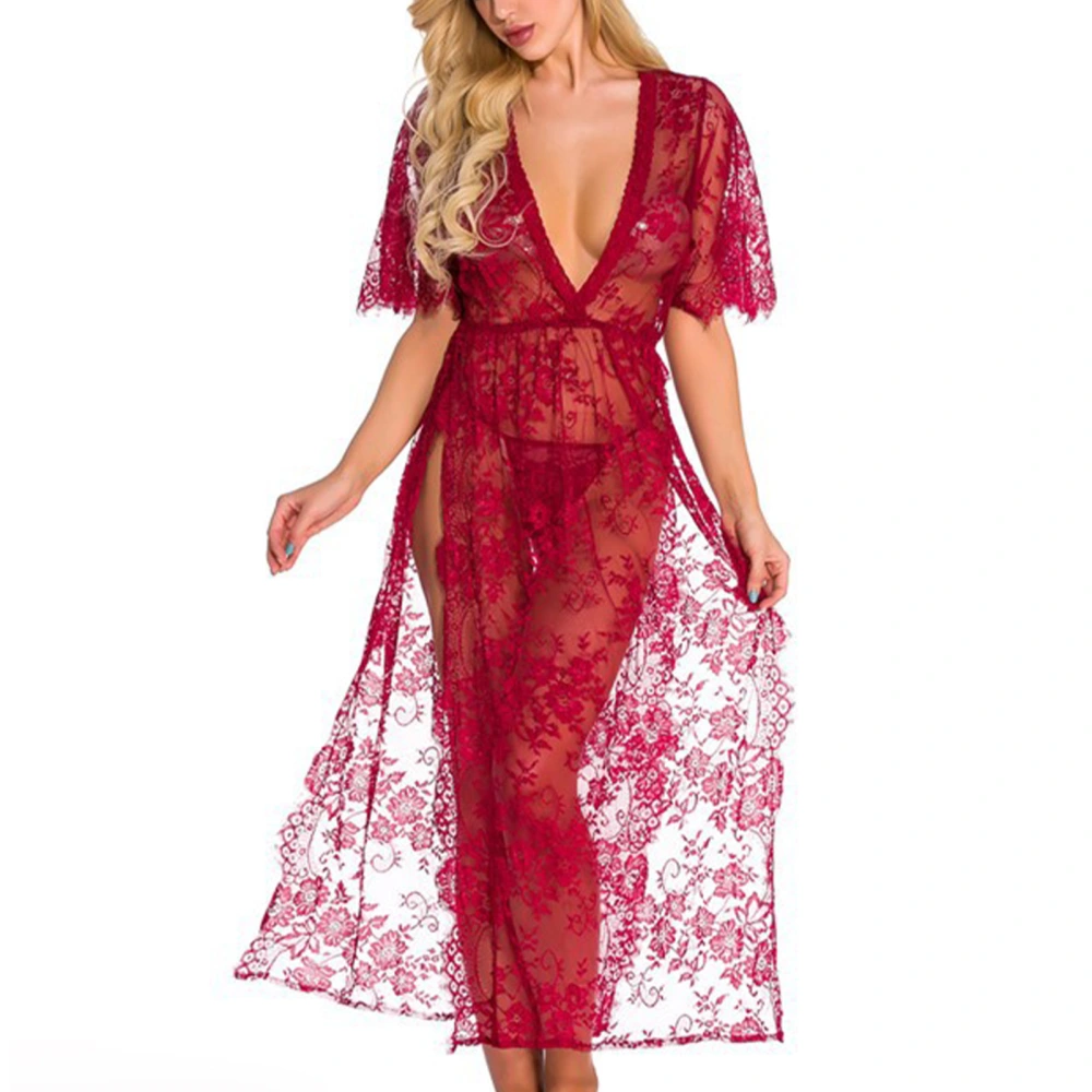 Women Long Lace Nightgown Sheer Lace Nightgown High Split Deep V Neck NightDress Wine Red S