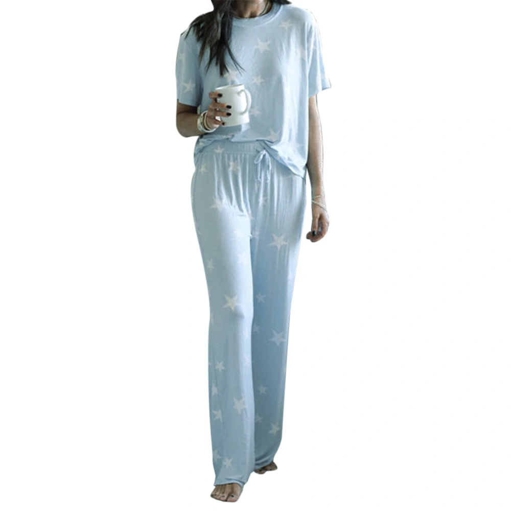 Womens Pajamas Set Crewneck Short Sleeves Printed Pattern Elastic Waistband Sleepwear Pajamas Light Blue S