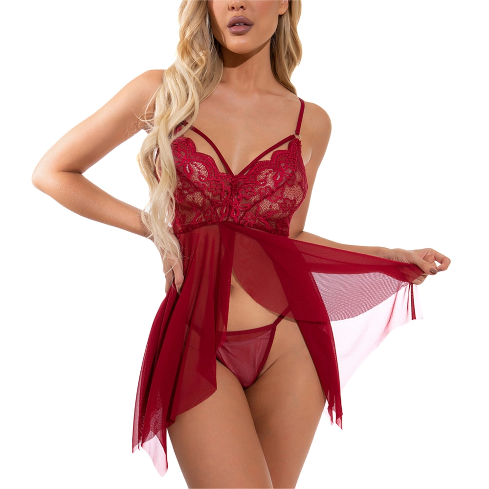 Erogenous Lingerie Suit V Neck Lace Stitching Backless Suspenders Lingerie Suit for Wedding Night Pajamas Wine Red XXL