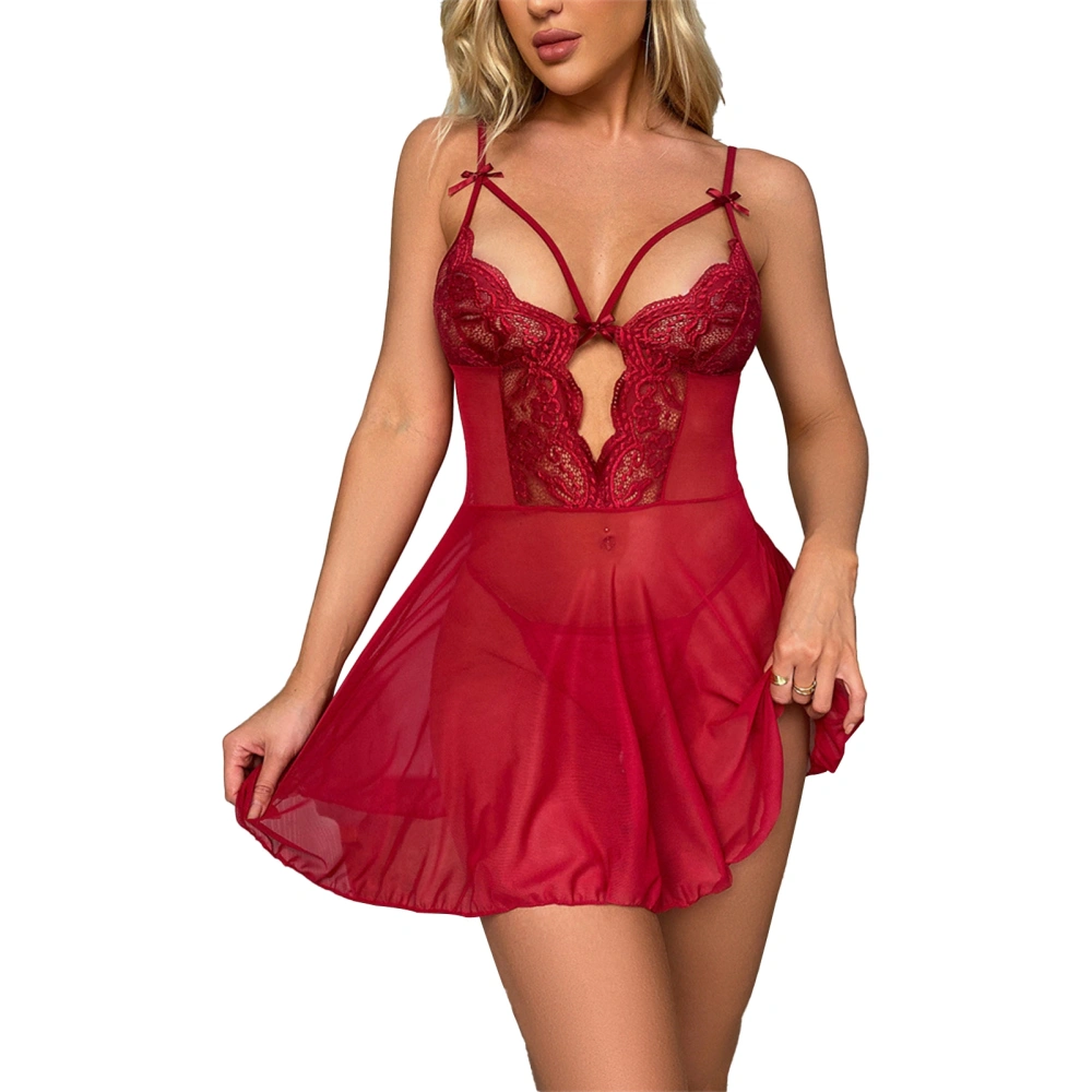 Lace Sheer Lingerie Women Erogenous Suspenders Backless Erogenous Lingerie Dress Suit Purplish Red XXL