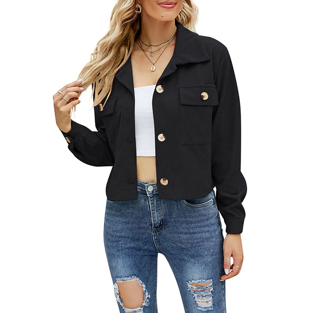 Jacket Long Sleeve Lapel Pure Color Button Pocket Casual Comfortable Short Tops for Women Black M