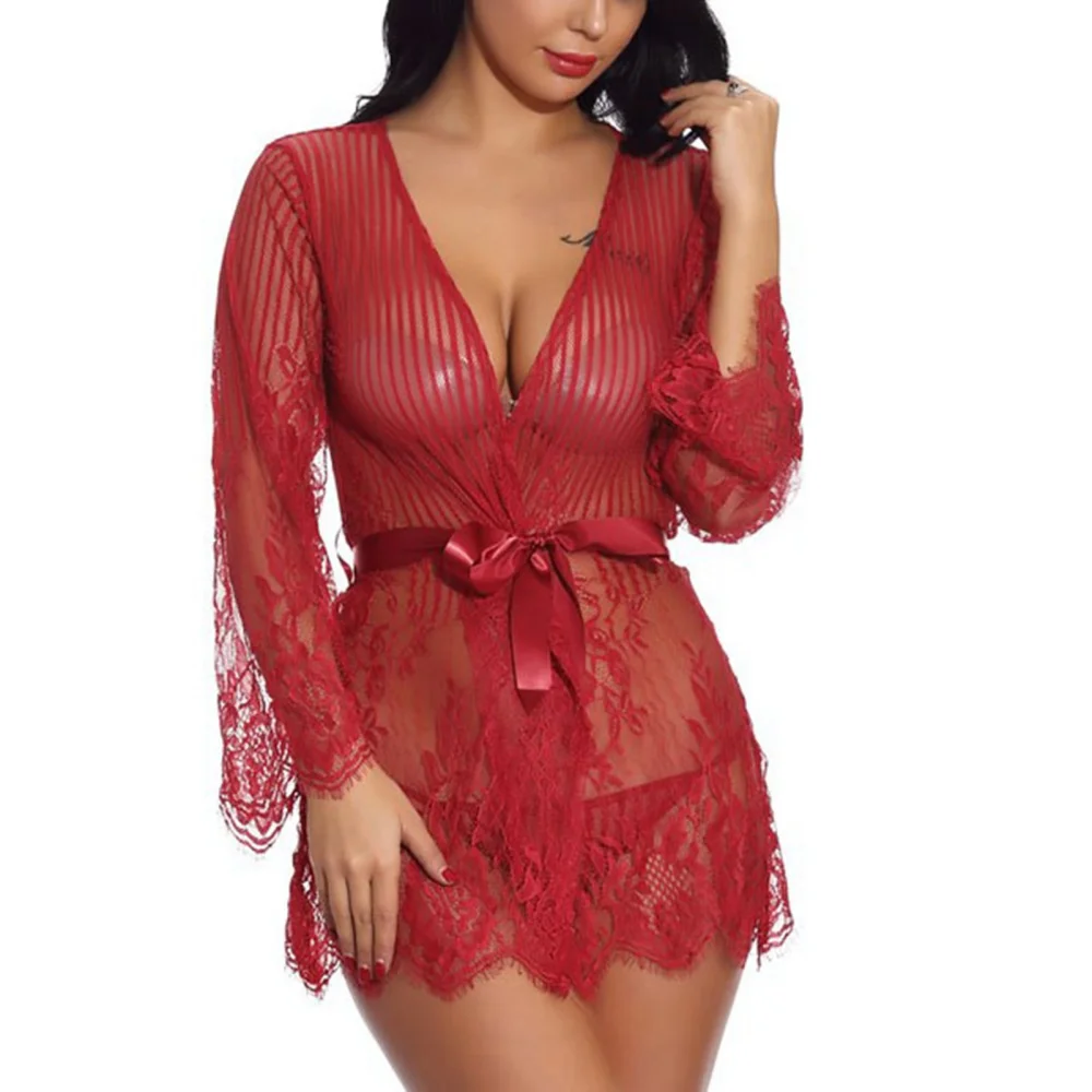 Summer V Neck Lingerie Women Fashionable Elegant Lace Belted Nightdress with Thongs for Wedding Night Burgundy XXL