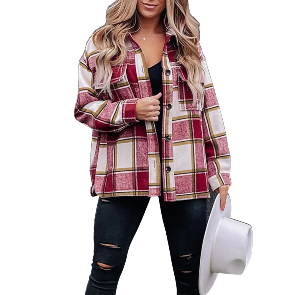 Women Plaid Shirt Coat Button Down Stand Collar Long Sleeve with Pocket for Winter Autumn Red M