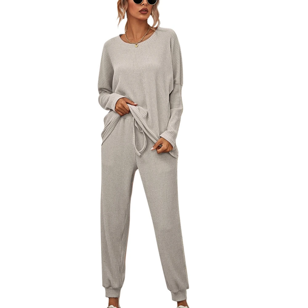 Long Sleeve Top and Pants Loungewear Sleepwear Women Loose Casual Pure Color Pajamas Nightwear for Home Grey S