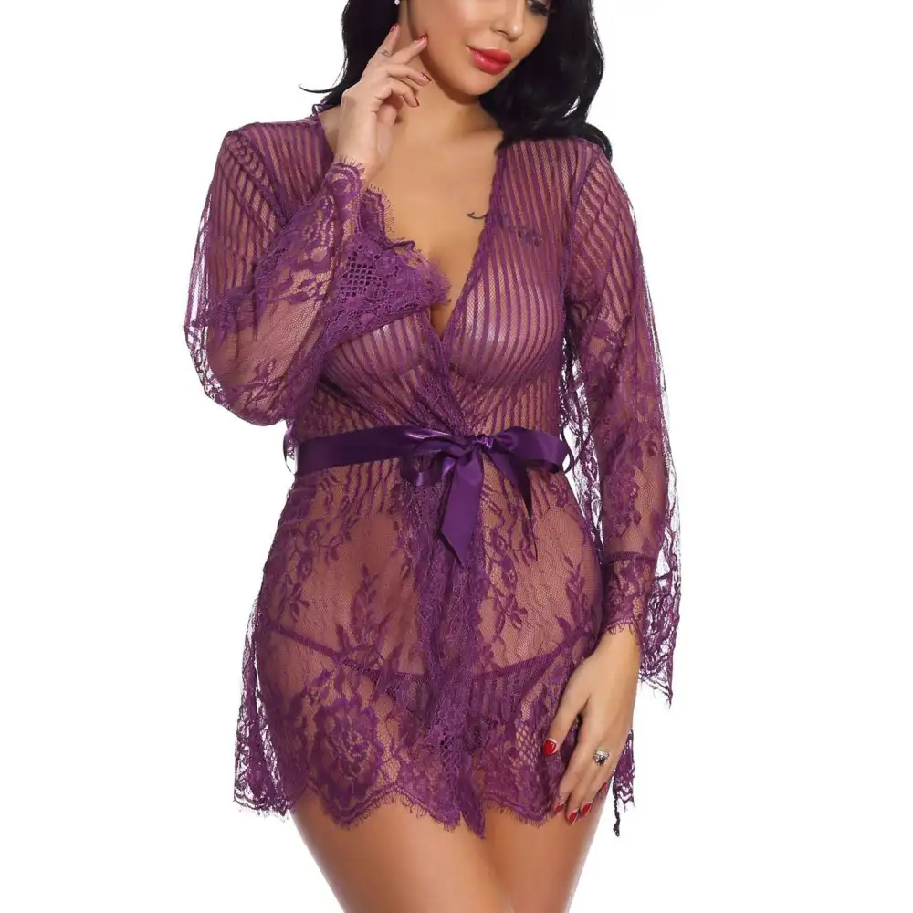 Summer V Neck Lingerie Women Fashionable Elegant Lace Belted Nightdress with Thongs for Wedding Night Purple XL