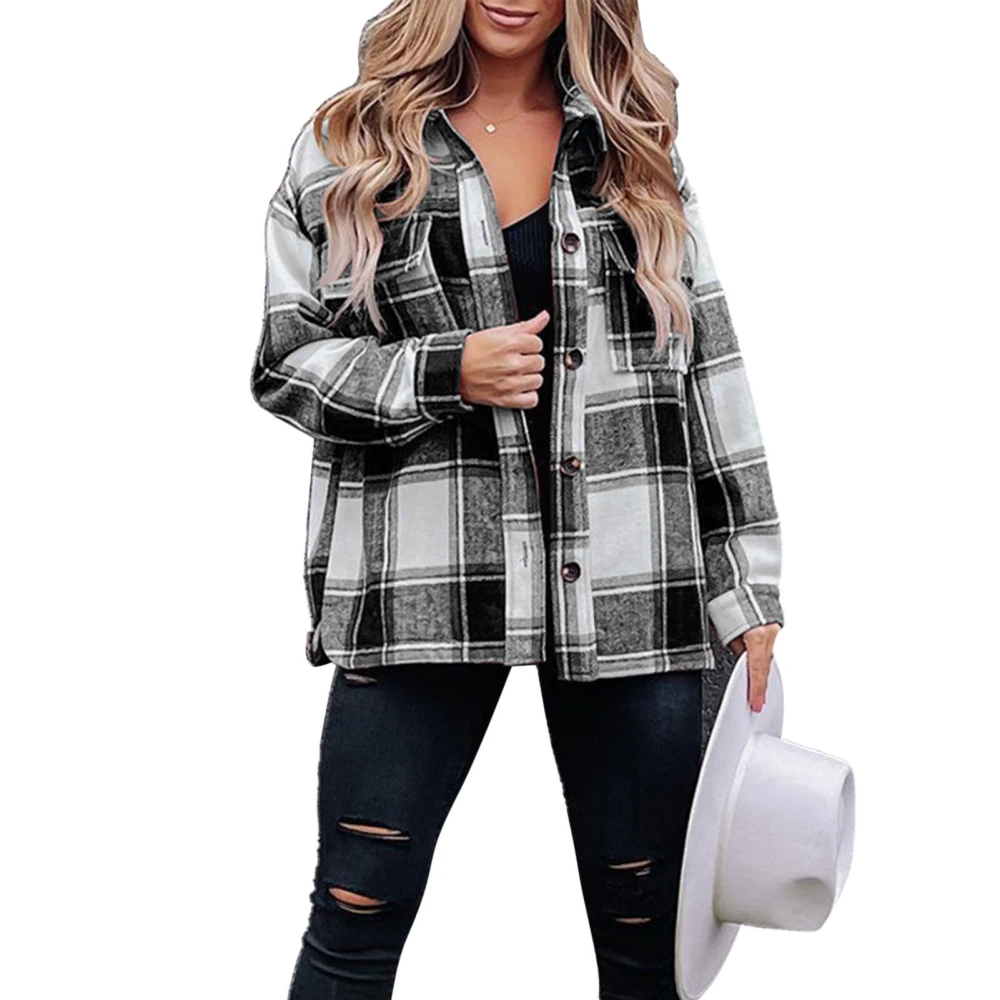 Women Plaid Shirt Coat Button Down Stand Collar Long Sleeve with Pocket for Winter Autumn Black L